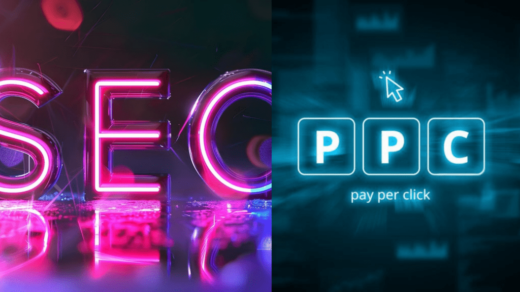 SEO and PPC represented with vibrant neon lights and futuristic visuals for digital marketing strategies