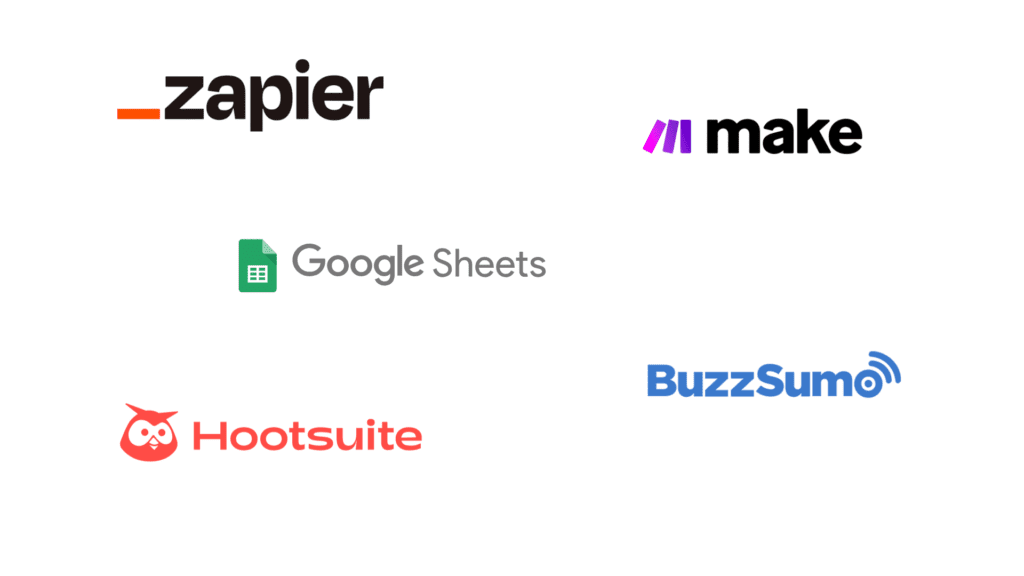 5 Automation tools to Revolutionize your Business. Logos of essential tools for digital marketing and automation, including Zapier, Make, Google Sheets, Hootsuite, and BuzzSumo.