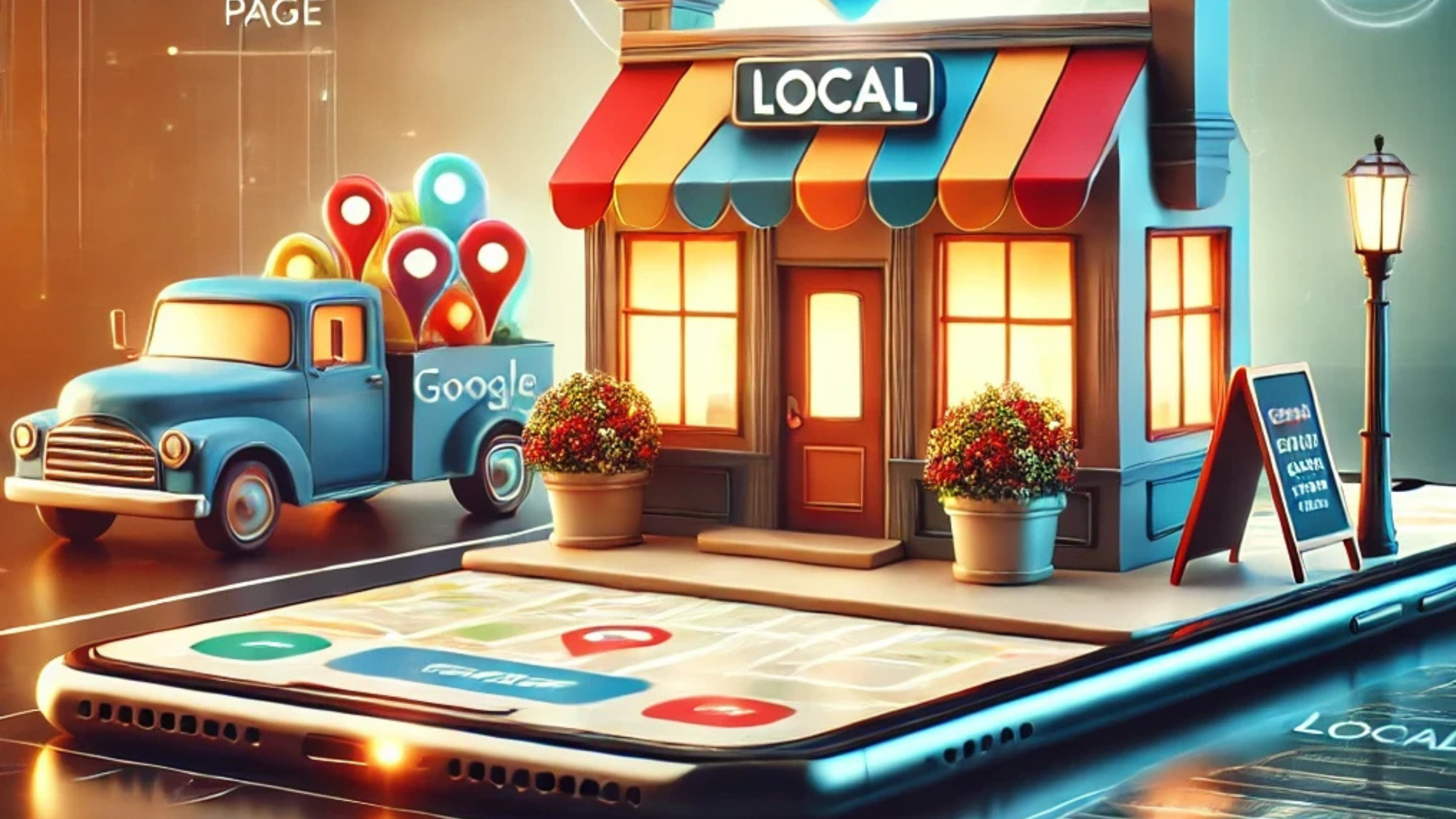 Digital illustration of a vibrant local landing page for a small business, featuring a cozy coffee shop with greenery, a Google Map location pin, and a smartphone displaying the landing page with a 'Contact Us' button, optimized for local SEO elements like keywords, reviews, and structured data.