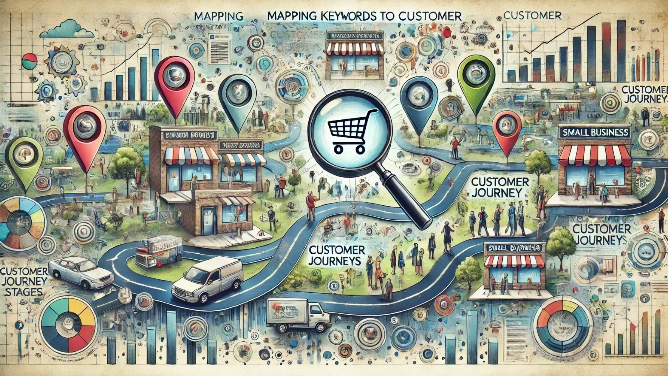 Banner image showcasing a strategic guide for small businesses on mapping keywords to customer journeys, featuring a dynamic roadmap, colorful keyword tags, digital graphs, and customer personas interacting with business icons like storefronts and shopping carts.